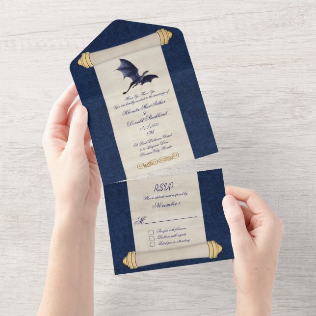 Fairytale Blue Dragon Scroll Wedding  All In One Invitation (Tearaway)