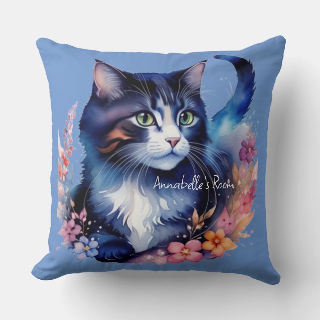 Fairytale Blue Watercolor Kitten Cushion (Front)