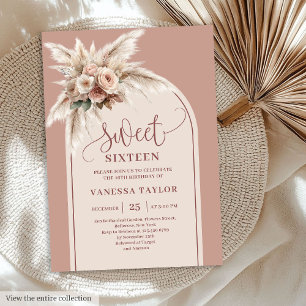 Fairytale Boho Dusty Pink Pampas Floral Arch 16th Invitation