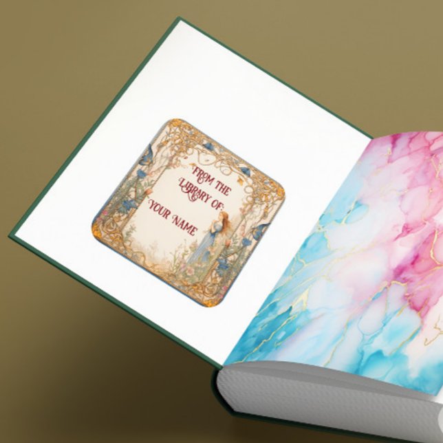 Fairytale Bookplate for Your Child Square Sticker (A bookplate depicting a fairytale princess is shown inside a book cover)