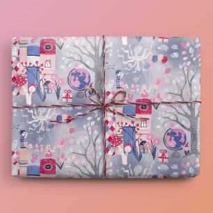 Fairytale Books and Magical Creatures Gray Wrapping Paper