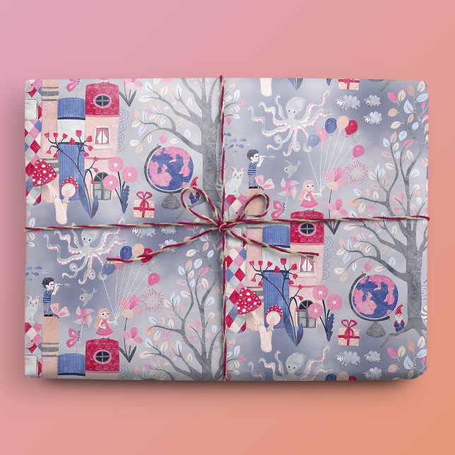 Fairytale Books and Magical Creatures Grey Wrapping Paper (Gift Mockup)