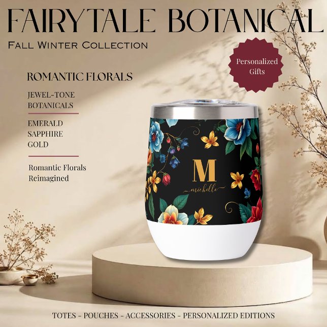 Fairytale Botanical Pattern Monogram Script (Fairytale Botanical Pattern Monogram Script Florals with Vines Jewel Tones Emerald Sapphire Gold )