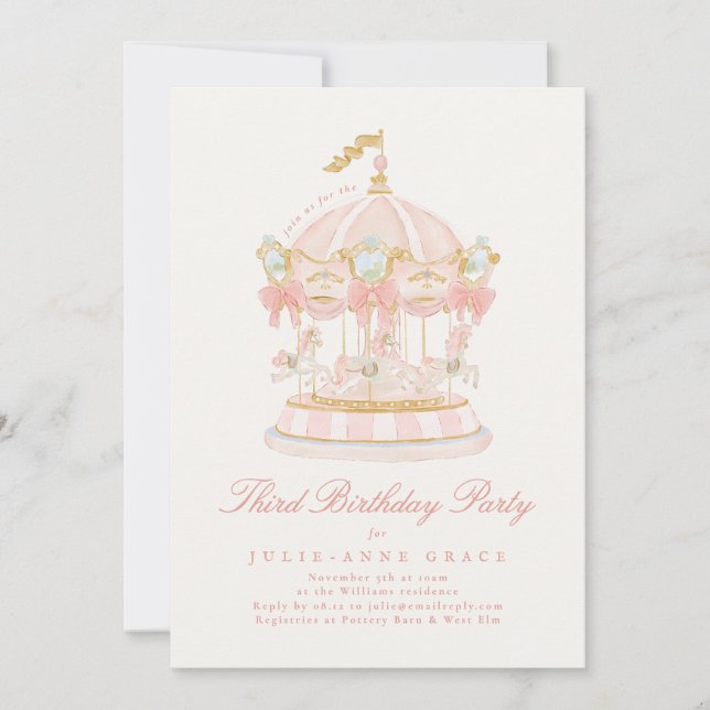 Fairytale Bows Pink Girl Carousel Birthday Party Invitation (Front)