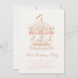 Fairytale Bows Pink Girl Carousel Birthday Party Invitation