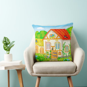 fairytale cartoon house with red roof and patio cushion
