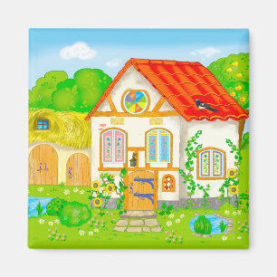 fairytale cartoon house with red roof and patio magnet