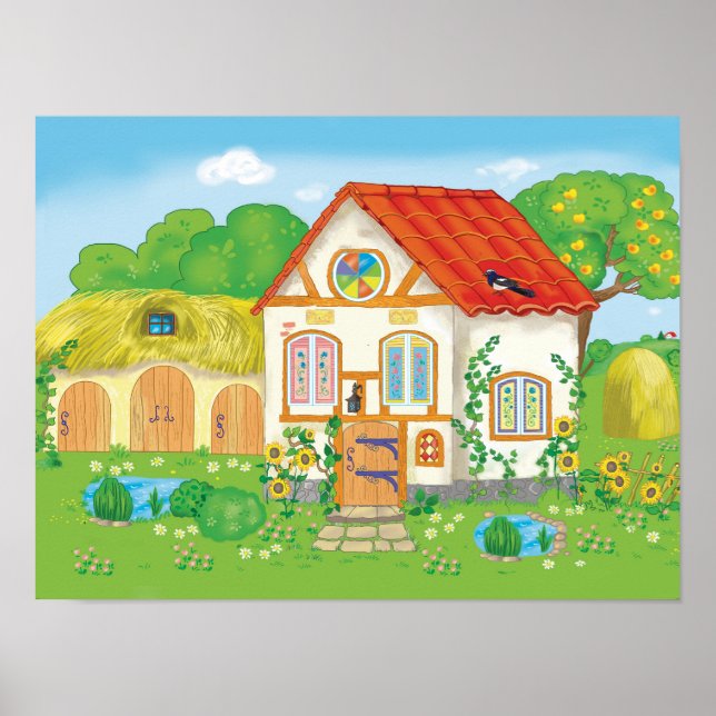 fairytale cartoon house with red roof and patio poster (Front)