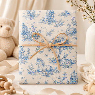 Fairytale Castle and Unicorn Blue Toile  Wrapping Paper Sheet