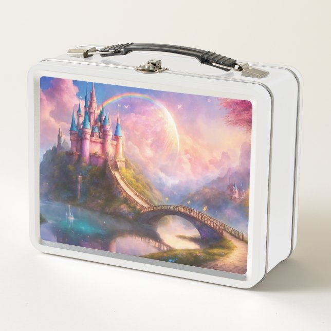 Fairytale Castle Fantasy Rainbow Metal Lunch Box (Front)