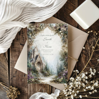Fairytale Castle Floral Arch Misty Forest Wedding Invitation