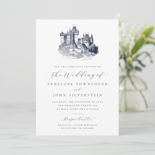 Fairytale Castle Illustration Script Wedding Invitation (Standing Front)