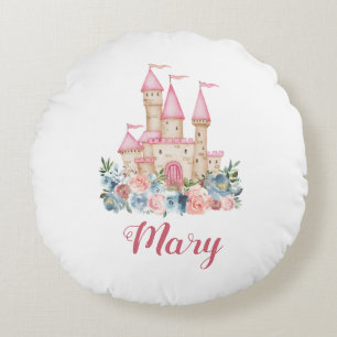 Fairytale Castle Kids Name Soft Colours Floral Cut Round Cushion
