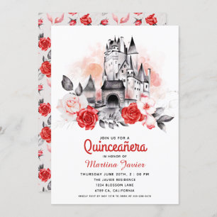 Fairytale Castle Quinceañera Red Rose15th Birthday Invitation