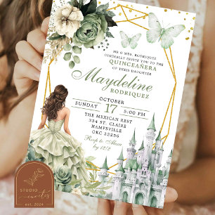 Fairytale Castle Sage Green Floral Quinceanera Invitation