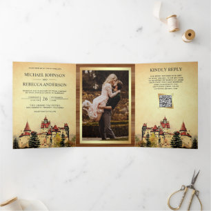 Fairytale Castle Storybook QR Code Wedding Tri-Fold Invitation