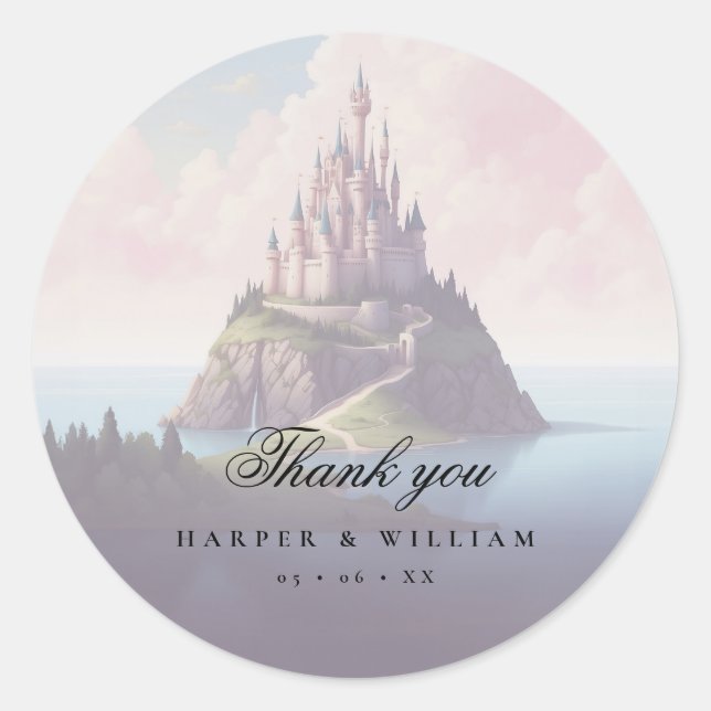Fairytale castle wedding thank you classic round sticker (Front)