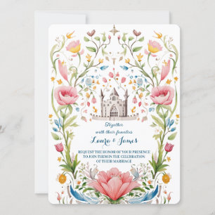 Fairytale Chapel Pastel Watercolor Floral Wedding Invitation