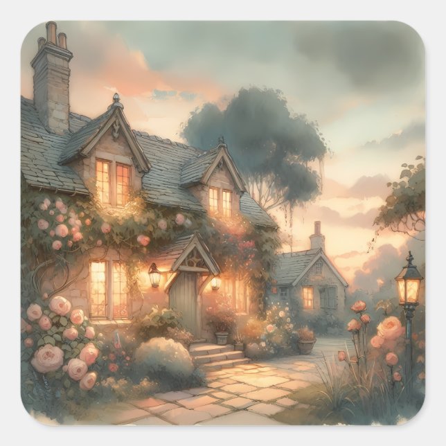 Fairytale Cottage at Sunset with Roses Square Sticker (Front)