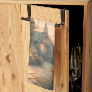 Fairytale Cottage at Sunset with Roses Tea Towel