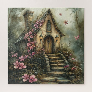 Fairytale Cottage with Pink Flowers Jigsaw Puzzle