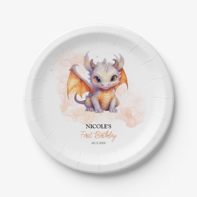 Fairytale Cute Baby Dragon Kids Birthday Paper Plate (Front)