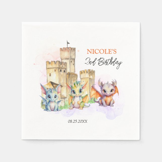 Fairytale Cute Baby Dragons Castle Birthday Napkin (Front)