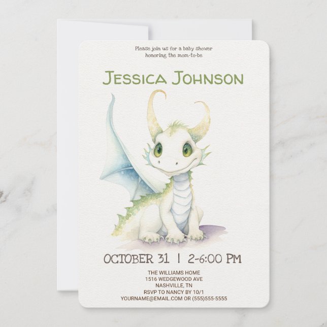 Fairytale Cute White Dragon Baby Shower Invitation (Front)