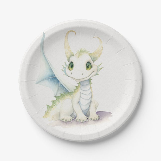 Fairytale Cute White Dragon  Paper Plate (Front)