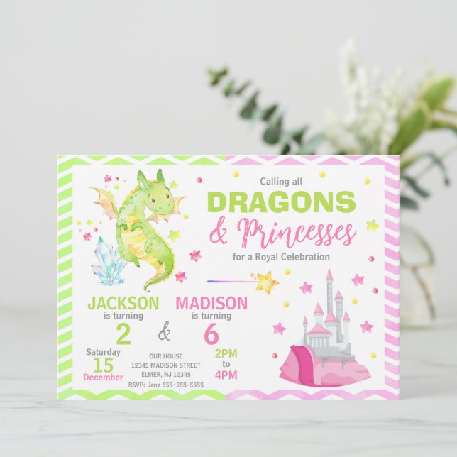 Fairytale Dragon Princess Joint Birthday Invitation (Standing Front)