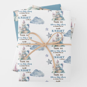 Fairytale Dreamy Dragon Blue Knight Baby Shower  Wrapping Paper Sheet