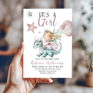 Fairytale Dreamy Dragon Pink Princess Baby Shower  Invitation