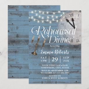 Fairytale Dusty Blue Barn Wedding Rehearsal Dinner Invitation