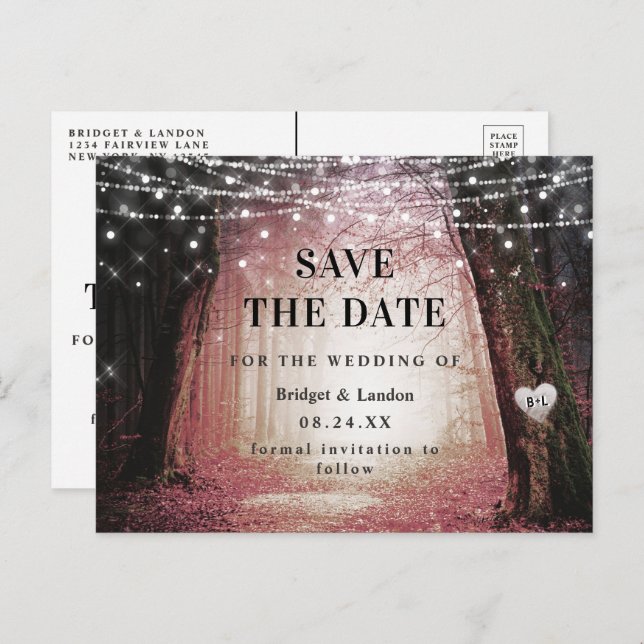 Fairytale Enchanted Forest Pink Save The Date Announcement Postcard (Front/Back)