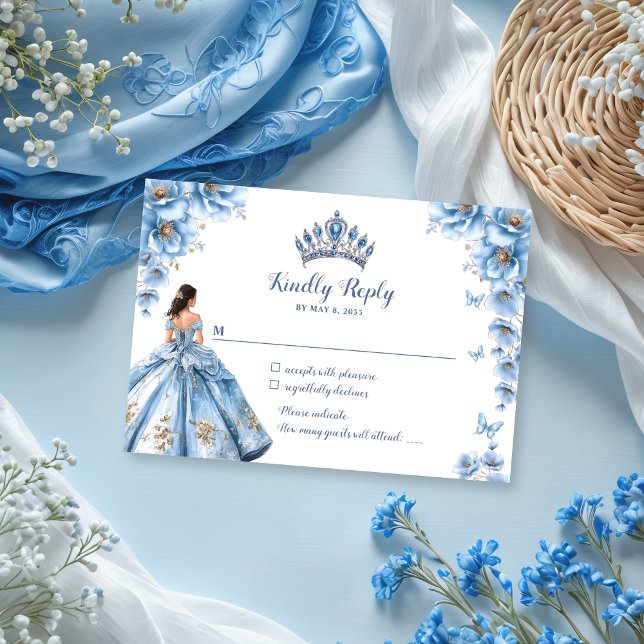 Fairytale Floral Dusty Blue Princess Quinceañera RSVP Card (Creator Uploaded)
