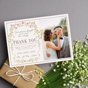 Fairytale Floral Pink and Green Garden Wedding Thank You Card