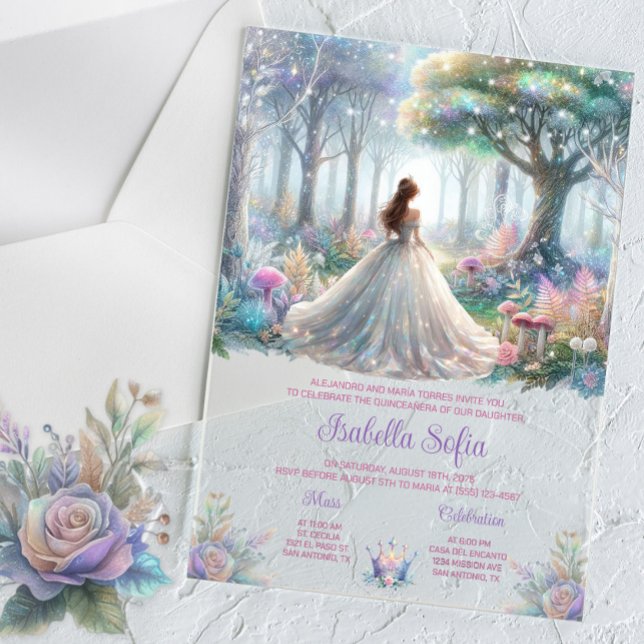 Fairytale Forest Quinceañera Acrylic Invitations (Enchanted forest acrylic Quinceanera invitation. Beautiful pastel colors. Simply add your details.)