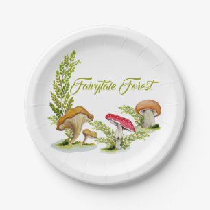 Fairytale forest watercolor set of mushrooms draws paper plate
