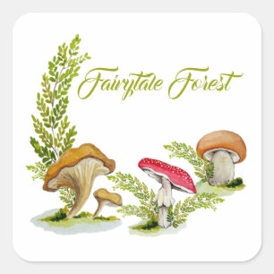 Fairytale forest watercolor set of mushrooms stone square sticker