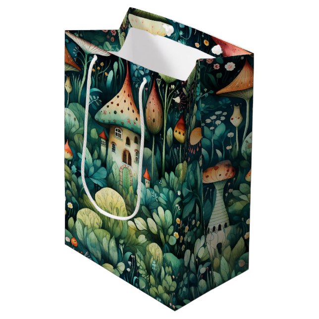Fairytale in Fairyland Mushroom House Green Orange Medium Gift Bag (Front Angled)