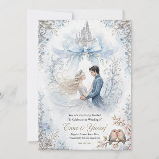 Fairytale Light Blue Bow Castle Wedding Invitation