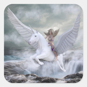 Fairytale Magical Mystical Unicorn and Woman Square Sticker
