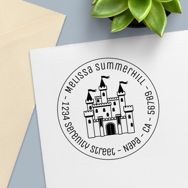 Fairytale Mediaeval Castle Round Return Address Self-inking Stamp (Creator Uploaded)