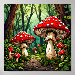Fairytale mushrooms in the forest poster