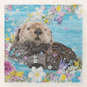 Fairytale Otter in River of Flowers Glass Coaster