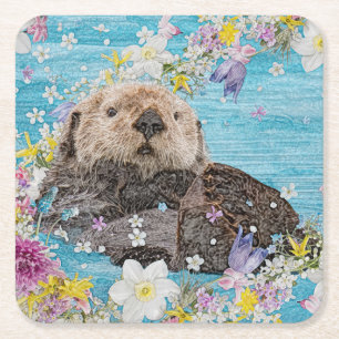 Fairytale Otter in River of Flowers Square Paper Coaster