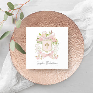 Fairytale Pink Flowers Crest and Cross Baptism Napkin