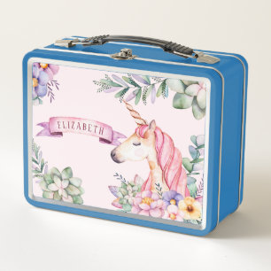 Fairytale Pink Watercolor Flower Unicorn Metal Lunch Box