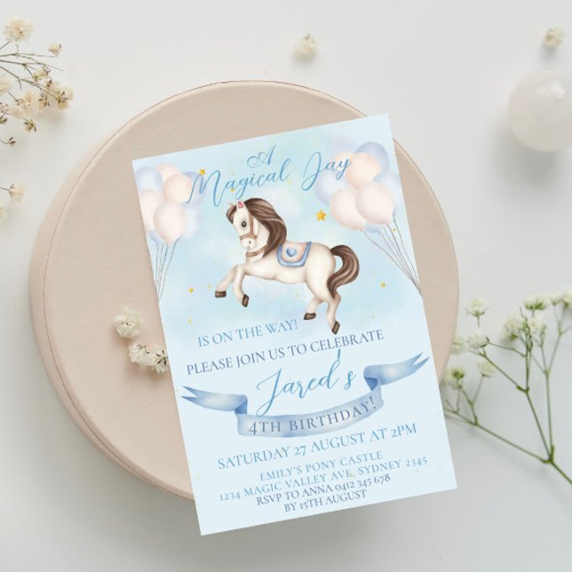 Fairytale Pony Stars Blue Balloons Birthday Party Invitation (Creator Uploaded)