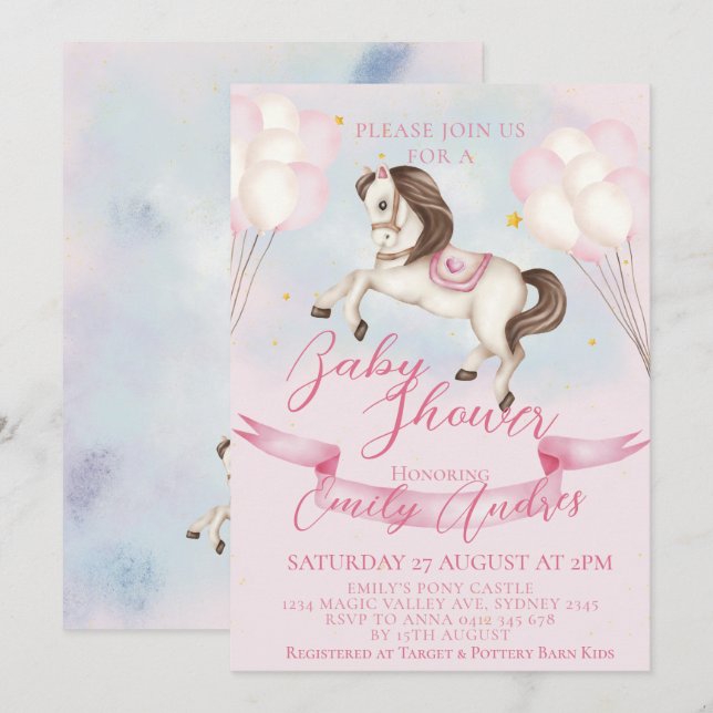 Fairytale Pony Stars Pink Balloons Baby Shower Invitation (Front/Back)